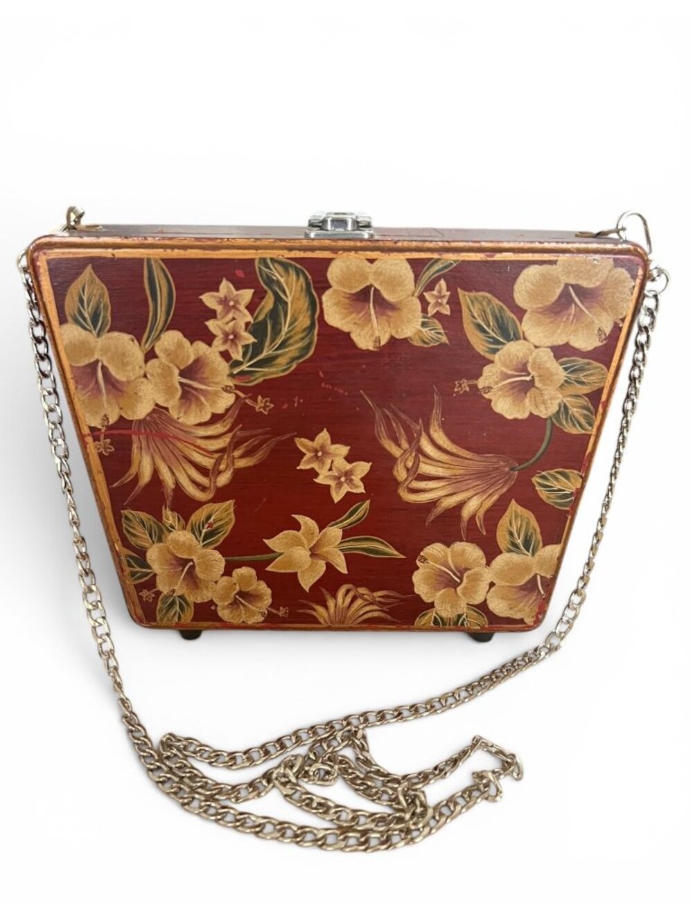 Vintage Inspired Hand-Painted Floral Wooden Box Purse With Metal Chain Strap
